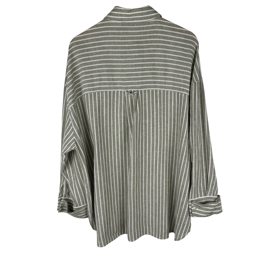 Zara Linen Striped Oversized Button Down Shirt Womens L Green White French Cuffs - Picture 6 of 8